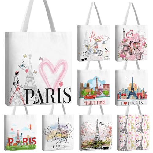 Bulyoou 9 Pcs Paris Tote Canvas Bags Souvenir Gift Grocery Shopping Tote Bag for Travel Gifts