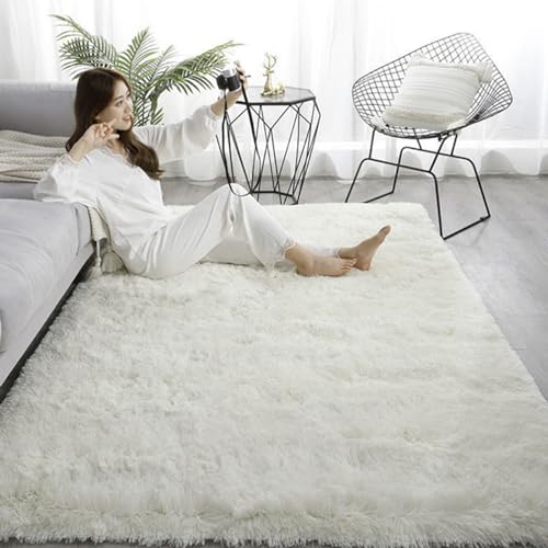Mateju Alfombra Salon Grande Pelo Largo, Alfombras de Habitacion, Alfombras Peludas y Esponjosas Modernas Alfombra Interior Lavable Antideslizante Habitación (160x230cm,Blanco)