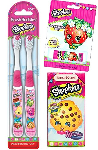 Shopkins Lip Balm, 10 Ct Pocket Tissues, and 2 Brush Buddies Toothbrushes Gift Set