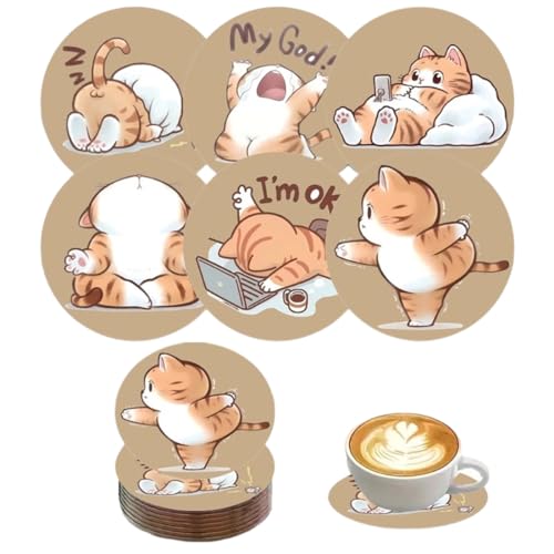 ZORVYN Set da 6 Sottobicchieri Rotondi in Legno Riutilizzabili, Assorbenti per Tazze e Bicchieri, Ideali per Casa, Ristorante, Ufficio e Bar (Con Motivo di Gatti)