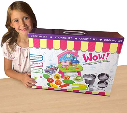 Toddlers Compact Play Kitchen - Mini Cooktop with Super Color-Changing Cooking Effect - Stainless-steel Toy Pots and Pans with Toy Utensils - Cutting Vegetables & Knife - Toy Kitchen Accessories