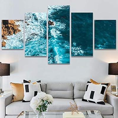 SIGNWIN 5 Panel Canvas Wall Art Beach Blue...