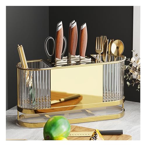 Dxcaicc Utensil Holder with Drain Tray,Knife Storage Holder with 2 Compartments,Knife and Fork Container for Countertop,Large Capacity 3 in 1 Rack for Cooking Tools,Gold