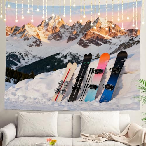 Shrahala Snow Tapestry, Three Snowboards Ski Standing Snow Slope Mountains Wall Hanging Large Psychedelic Tapestry Decorations for Bedroom & Living Room (59.1 x 82.7 Inches)