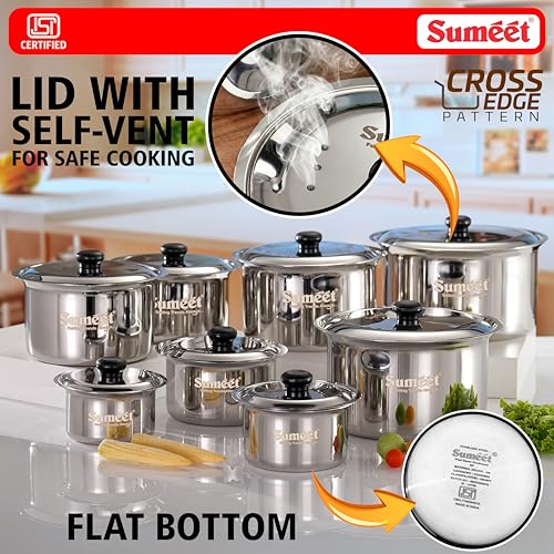 Image of Sumeet ISI Certified HeavyPly Premium Stainless Steel patila Set, 8 pcs with lids - 400 ml, 600 ml, 830 ml, 1150 ml, 1400 ml, 1900 ml, 2500 ml, 3000 ml, Induction & Gas Compatible cookware Set