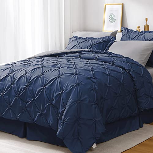 JOLLYVOGUE Queen Comforter Set 7 Pieces, Navy Blue/Gray Bed in a Bag Comforter Set for Bedroom, Bedding Comforter Sets with Comforter, Sheets,Ruffled Shams & Pillowcases