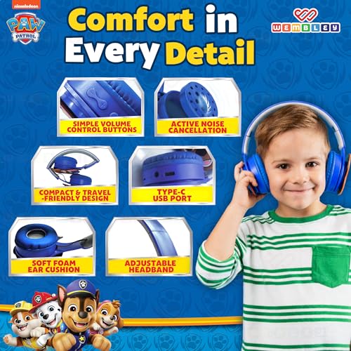 Image of Wembley Paw Patrol Kids Wireless Bluetooth Headphones with Mic | Foldable Over Ear Headphones for Boys & Girls 3-8 Years | 90dB Safe Volume, AUX & USB Charging | Travel, Study & Music