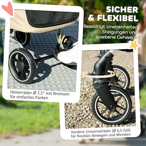 PawHut Hundewagen leicht Hundebuggy aus Aluminium klappbar für Hunde & Katzen Katzenbuggy mit Kissen Netzfenstern Türen Aufbewahrungskorb Katzenwagen Mini-Hundewagen für kleine Hunde Khaki