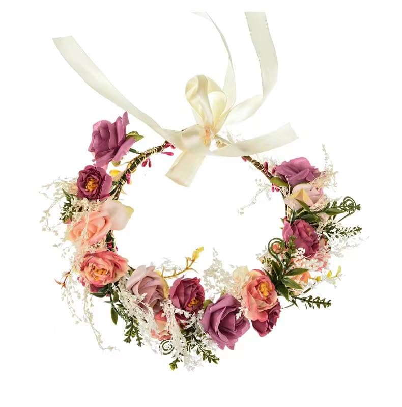 Jiahuade Flower Headband Garland, Crown Flower Hair, Garland Headdress and Bracelet Set, Flower Headband with Ribbon - Image 4