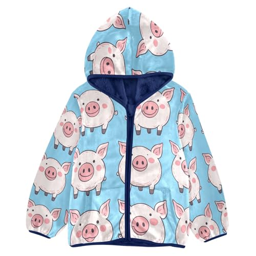 Cute Pig Blue Pattern Print Toddler Fleece Jacket Girl Boys Hooded Fleece Jacket Coat Warm Outwear Zip-up 3-10T