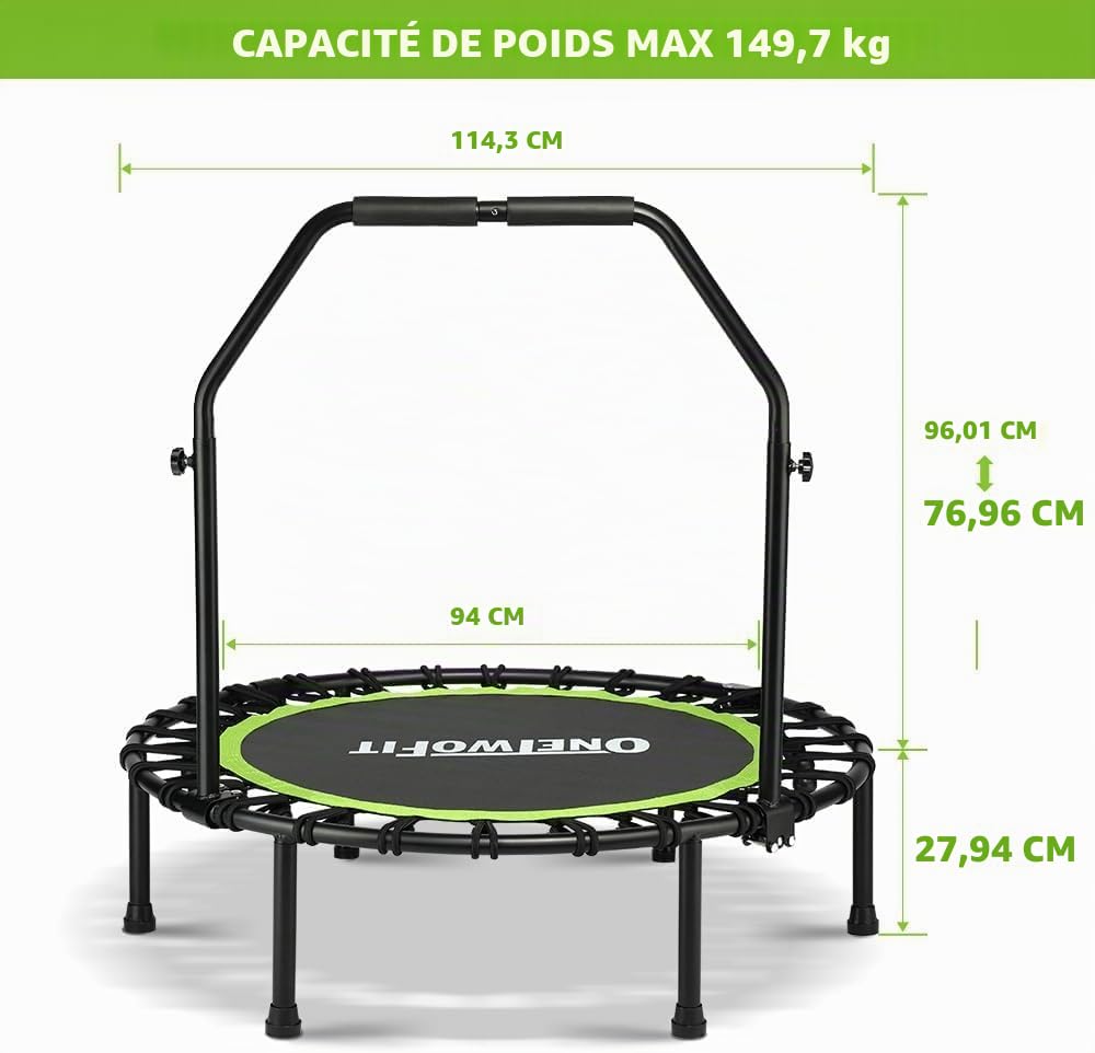 ONETWOFIT Trampoline Pliable pour Adulte, 101/107/114 cm Mini Trampoline de Fitness avec poignée en Mousse réglable, Bungees, Exercice Silencieux pour l'intérieur Personnel
