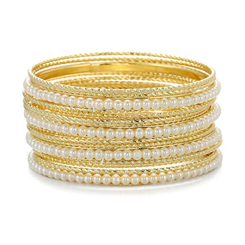 Ensoul Acrylic Pearl-Beads/Glass Seedbeads Mixed Metal Bangles Bracelets for Women Set of 17