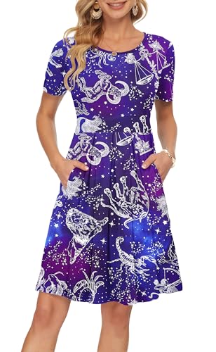 Image of AUSELILY Women's Short Sleeve Pleated Swing Summer Dress with Pockets | Knee-length short sleeve dress, empire waist & pockets, ideal for casual daily wear and vacation