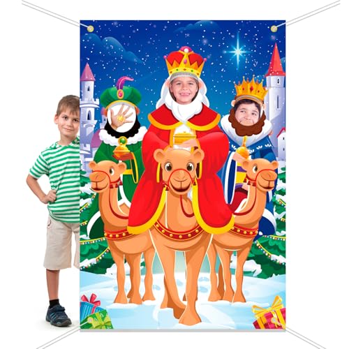 DPKOW Faixa de Natal com a cara dos Reis Magos, jogo de rosto para o Natal decorações para a festa do dia de reis Natal foto Props acessórios rei magos decoração de fundo, 150 * 100 cm