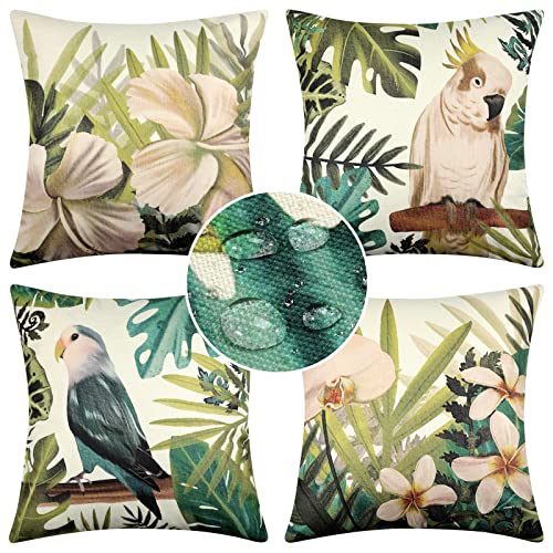 Fodere per Cuscini Impermeabili 45 x 45 cm Copricuscini Foresta Pluviale Tropicale Pianta Verde Fiore Giungla Pappagallo Uccello Decorativo in Lino per Divano Outdoor Home Office Car Set di 4