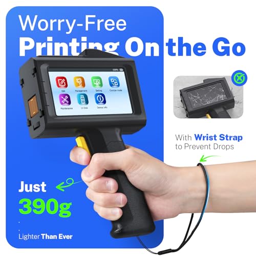 0.5 Inches Print Height Intelligent Handheld Inkjet Printer Lasts 16H Weighs Only 390g for Batch Code Date Lot Number Print on Plastic Carton Wood Metal Glass Aluminum with 42ml Fast Dry Ink