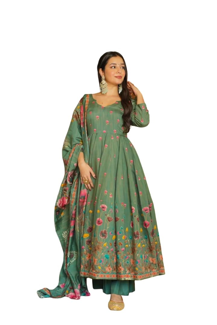 Women's Muslin Printed Anarkali Kurta Pant with Dupatta Set | Embroidered Ethnic Kurta Set |-picture-19