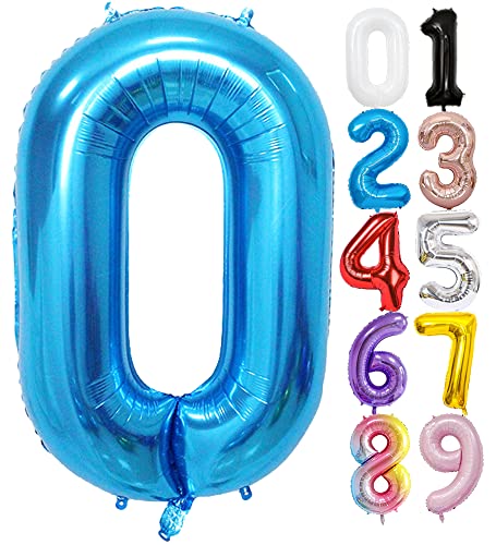 FAMULIA 0 数字 風船 青 ナンバー バルーン 誕生日 大きい 90cm ストロー付 happybirthday 特大サイズ 飾り (青(スカイブルー), 0)
