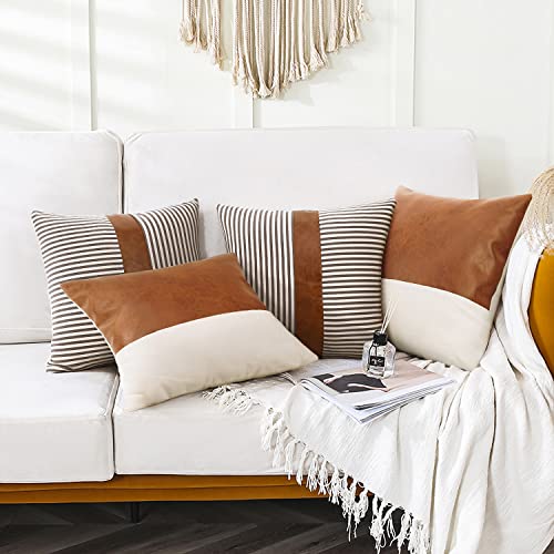 Cygnus Boho Throw Pillow Covers 18 X 18, Modern Farmhouse Decorative Pillow Covers For Couch Sofa Bed,Faux Leather Pillow Covers Set Of 4,Gray Stripe #TOP3