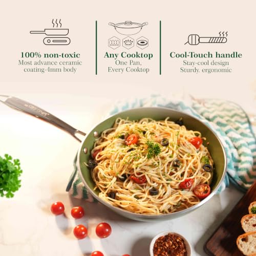 Image of The Chef Story Mycera Quantaseal Ceramic Coated Fry Pan with SS Lid | 22cm | PFOA & PFAS Free | TUV Rheinland & BIS Certified | Non-Stick | Gas & Induction Compatible | Green | 5-Year Warranty
