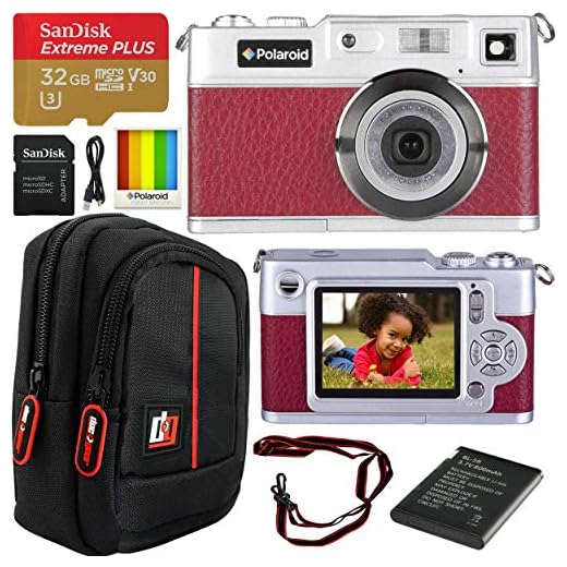 Polaroid iE827 Retro Digital Camera with 18MP 8X Optical Zoom and HD Video Movie Recording (Red) Bundle with Deco Gear Camera Bag Case + SanDisk 32GB Extreme Plus MicroSDHC Memory Card w/SD Adapter
