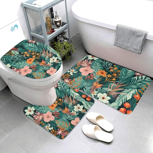 Dwrepo Tropical Floral Print Bathroom Rug Set 3 Piece with Non-Slip U-Shaped Contour Mat and Toilet Lid Cover for Bathroom Decoration