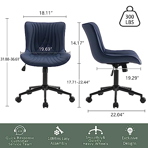 Image of YOUTASTE Navy Blue Office Chair, Faux Leather Armless Desk Chair with Wheels, Height Adjustable, Swivel, Rocking, 300 lbs Capacity, Metal Base, for Home Office Vanity, Purple