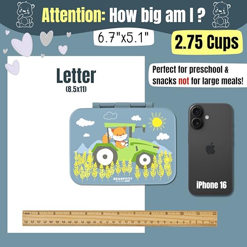 Image of BEARFOOT Kids Lunch Box with Compartments - Compact & Lightweight | Leak-Proof, BPA-Free, Dishwasher Safe | Hand-Drawn Design for Preschool, School, Travel (Tractor Fox Blue, 2.75 Cups)