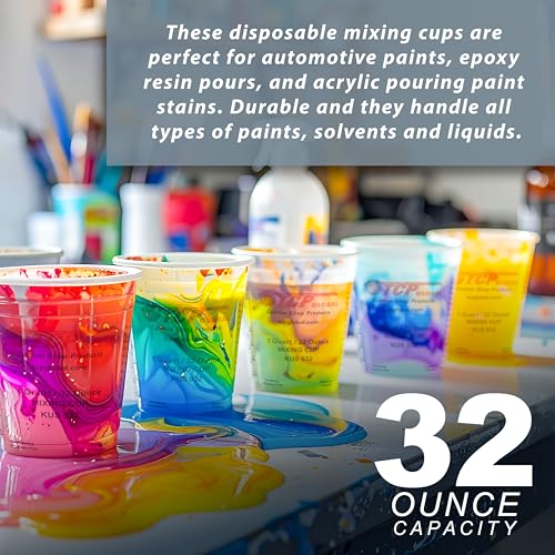 Custom Shop Paint Mixing Cups Plastic Measuring Cups Epoxy Disposable or Reusable 32 oz Quart - Box of 100 - Graduated Mixing Ratio for Automotive Paintings, Acrylic Art, Crafts and Kitchen