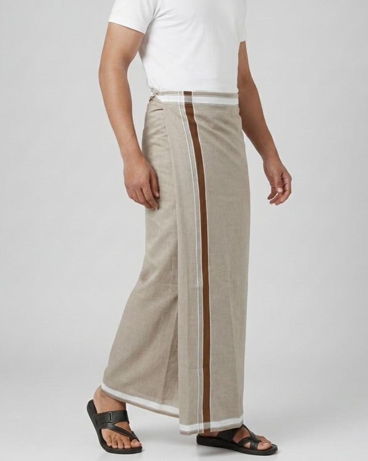 Image of TUNI MANI Kerala Style Men's Cotton Welcro Pocket Dhoti, Vesti /adjustable for all size (Single Dhoti)