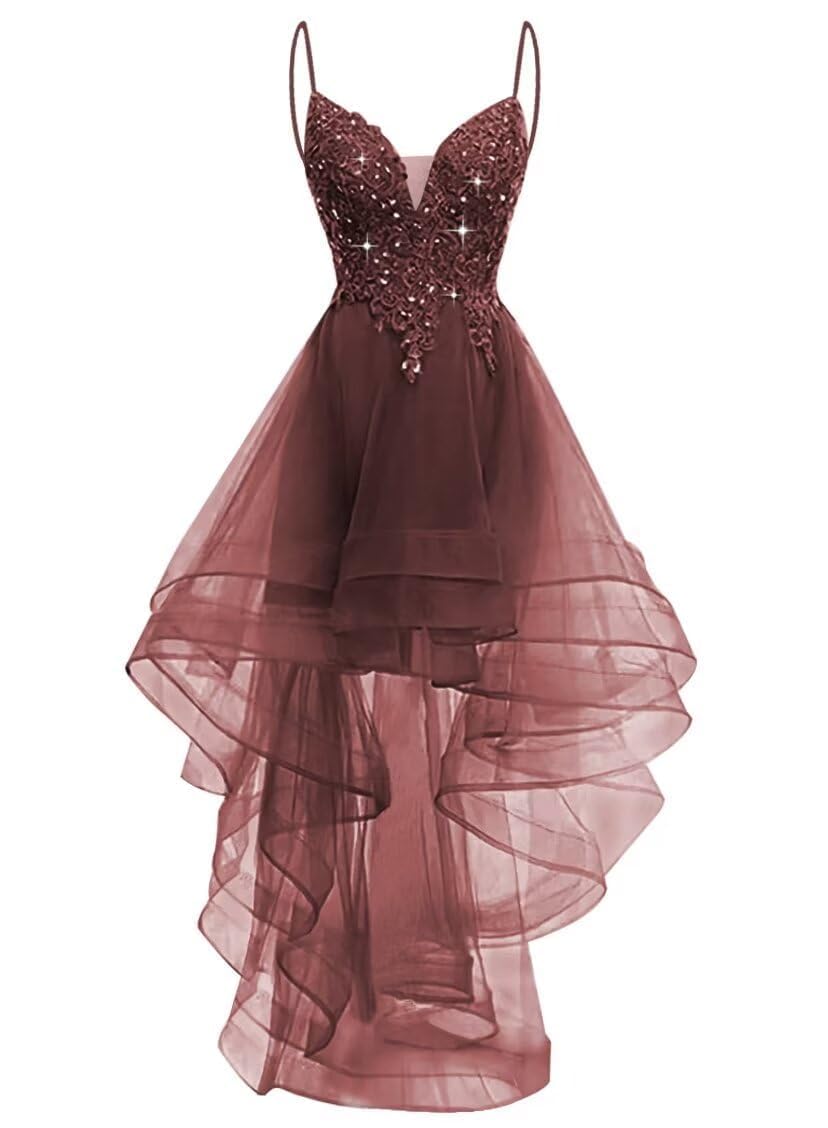 Yiann Women's Burgundy Tulle Prom Dresses For With Lace Applique A Line Spaghetti Strap Ball Gown Long Cocktail Party Dress Uk6