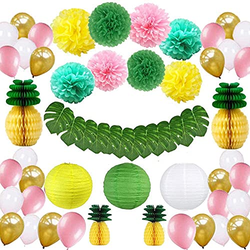 Tropical Hawaiian Party Decorations,57 pcs Party Supplies,Tropical Leaves,Pineapple,Paper Lantern,Balloons and Paper Pom Poms for Birthday,Jungle Beach Pool Theme,Baby & Bridal Shower Decorations