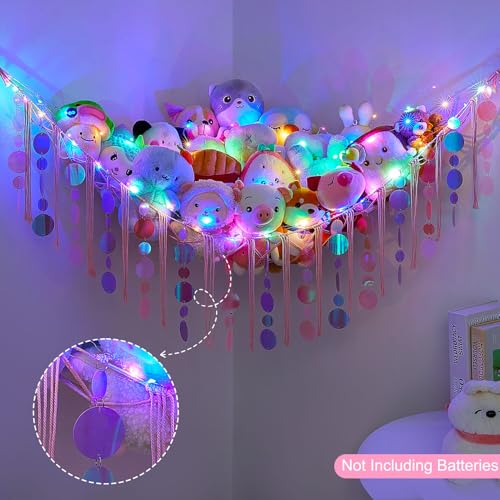 Image of FIOBEE Stuffed Animals Hammock Net Toy Storage Organizer with LED Light, Stuffed Animals Storage Girls Room Decor Wall Hanging with Sequins for Kids Bedroom Nursery Playroom, Light Pink
