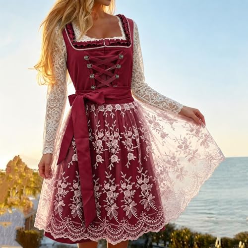Dirndl tradicional de terciopelo con delantal de encaje para mujer 3