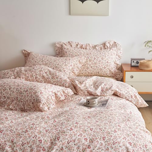 VM VOUGEMARKET Cotton Duvet Cover Twin Pink Flower Duvet Cover with Ruffle Pillowcases Teen Girls Aesthetic Bedding Set Garden Style Blooming Comforter Cover with Zipper Ties (3 pcs,68x86 Inch)
