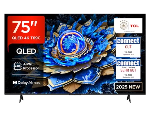 TCL 75T69C 75 Zoll QLED, Direct LED TV, 4K HDR TV, Smart Google TV (Dolby Vision & Atmos, Motion Clarity, Kompatibel mit Google Assistant & Alexa)