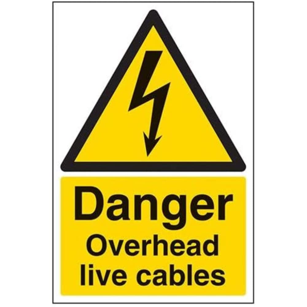 V Safety Danger, Overhead Live Cables Warning Sign - 200mm x 300mm - 1mm Rigid Plastic