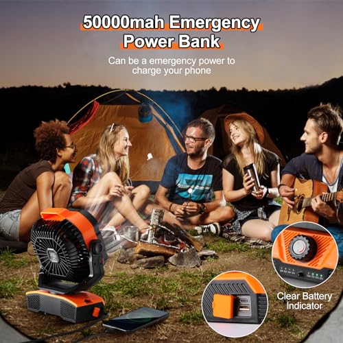 Odoland 50000mAh Camping Fan, Battery Operated Oscillating Outdoor Fan with RGB Light, Remote & Hook, Portable Rechargeable Tent Fan for Camping RV Fishing Jobsite Hurricane Power Outage