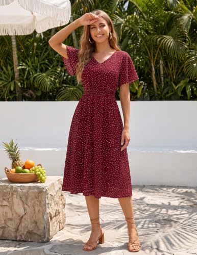 Image of Gardenwed Chiffon Floral Dresses Summer Midi Wedding Guest Dress V Neck for Women Elastic Waist