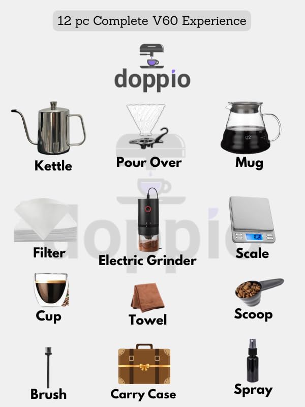 Image of DOPPIO V60 Coffee Maker Dripper Set, 13-Pcs Pour Over Coffee Maker Brewing Set with 600ml Glass, Gooseneck Kettle, V60 Glass, Dripper & Carry Case,Gift-Grey (Premium Kit) for Home,Office & travelling