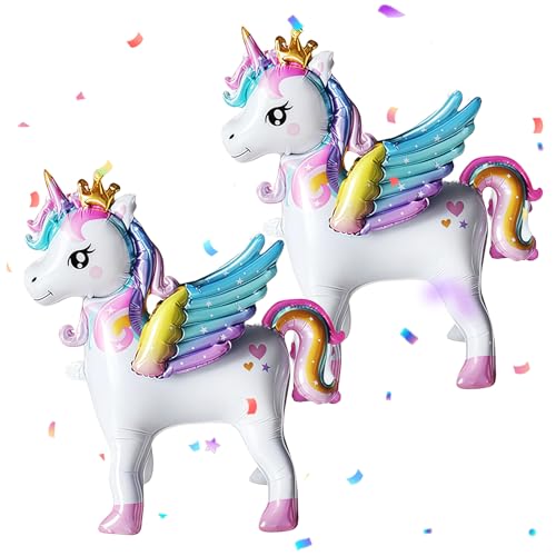 2er Set Rainbow Einhorn Luftballons Stehendes Einhorn Folienballons mit Krone für Geburtstagsparty Kinderzimmer-Deko Babyfest Hochzeit Fantasievolle Deko mit Regenbogenmuster und Flügeln