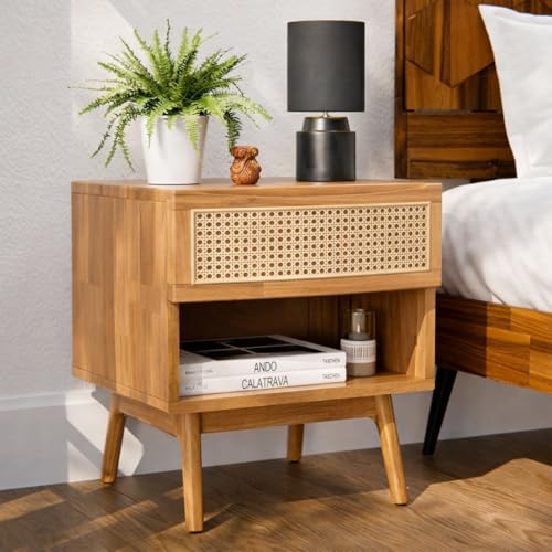 Image of Premium Solid Wood Cane Bedside Table with 1 Cane Drawer & Open Shelf | Handcrafted Rattan Nightstand for Bedroom Hotel Living Room (Natural Finish)