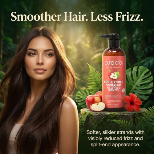 Image of PURA D'OR Apple Cider Vinegar Thin2Thick Shampoo - Biotin, Castor Oil for Reduced Frizz, Split Ends, Clarifying & Detox, No Parabens, No Sulfates, All Hair Types, Men & Women 16 Fl Oz