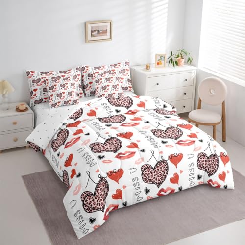 Image of 7 Pcs Leopard Print Heart King Bedding Sets Love Theme Romantic Style Comforter Set Red Heart Lady Lip Kiss Bed in a Bag with Comforter,Flat&Fitted Sheet,2 Pillowcases,2 Throw Pillow Covers