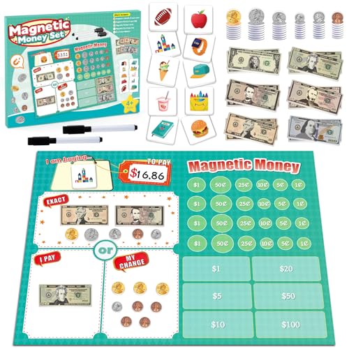 Magnetic Play Money for Kids, Fake Money for Teaching Prop Money Realistic Bills and Coins, Pretend Play Toys, Math Games for Toddlers, Learning & Education Toy Money for Classroom Homeschool Supplies