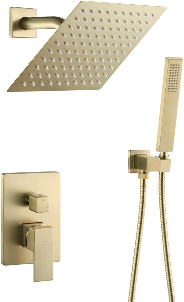 POP SANITARYWAREShower System Brushed Gold Bathroom Rainfall Shower Faucet Set Complete Wall Mounted 8 Inch Shower Head and Handle Set with Rough-in Valve Body and Trim Kit