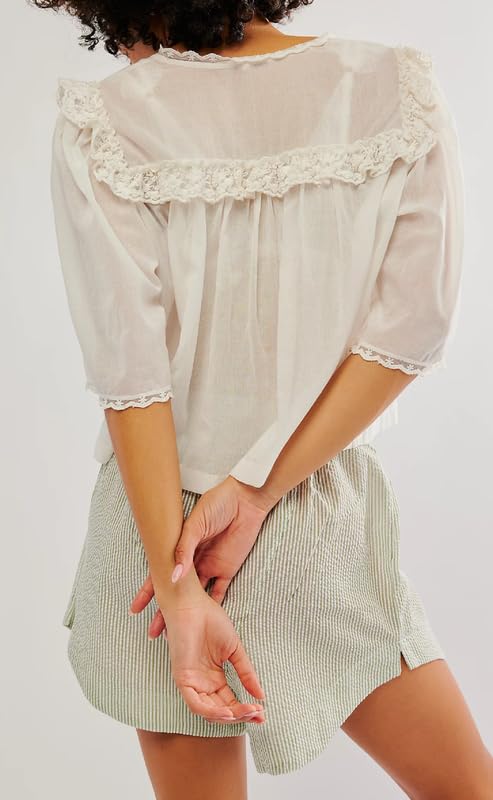 Women Y2K See Through Peplum Shirt Ruffle Lace Trim Buttons Tops Short Sleeve Doll Collar Babydoll Blouse Streetwear4