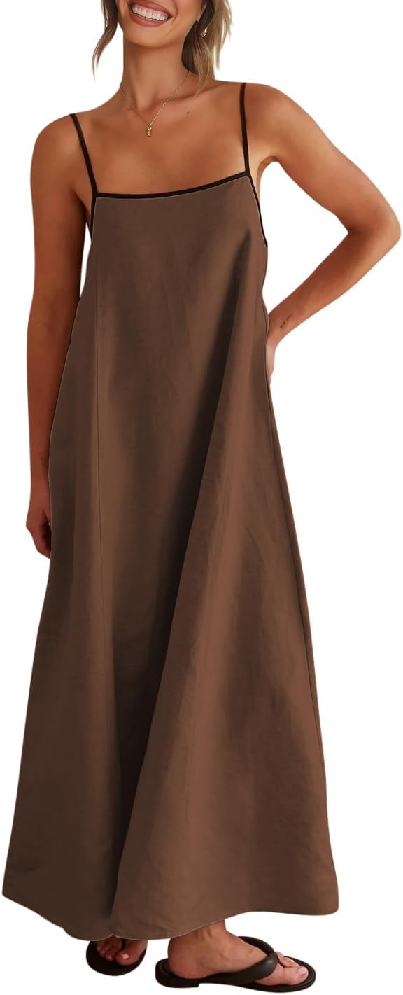 Linen maxi dress with contrast straps, backless design. Casual beach style.