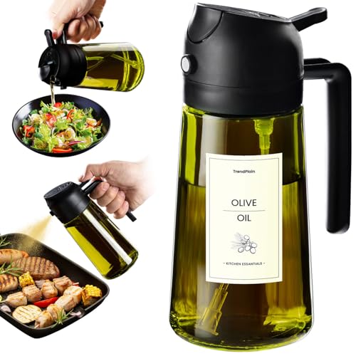 TrendPlain - 470ml Öl Sprühflasche - 2 in 1 Ölspender und Ölsprüher - Ölspray mit Etiketten - Küchen Gadgets für Kochen, Salat und Grill - mit lichtschützendem Design - Schwarz
