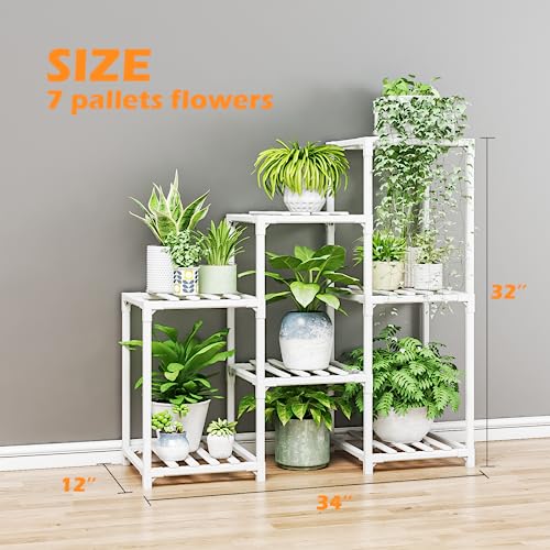 Bamworld Indoor Plant Stand Outdoor White Shelf Bamboo Plant Table for Multiple Plants 3 Tiers 7 Pots Ladder Holder Pot Window Garden Balcony Living Room